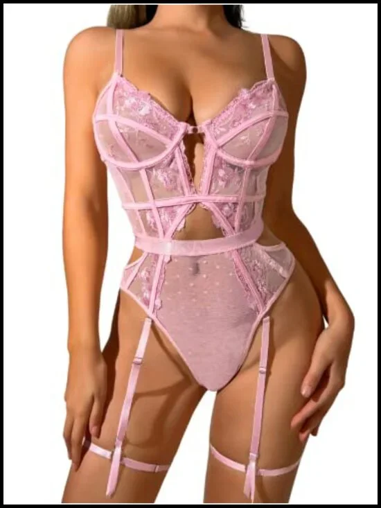 Floral Embroidered Underwire Backless Bodysuit with Removable Garters