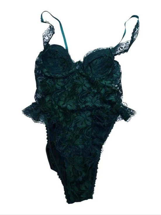 Vintage Emerald Green Lace Teddy Lingerie Size Small/XS Whimsigoth Vampy Ruffles