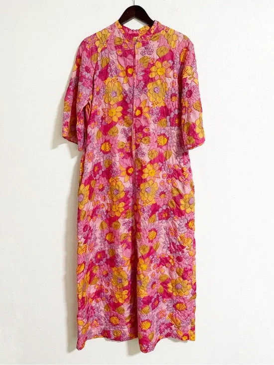 Vintage 60s Millay Floral Retro Mod Robe Housecoat Pink Size S