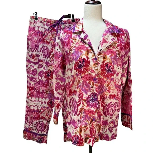 Oscar de la‎ Renta Womens Pink Ikat Long Pajama Set Size M Cotton Poplin Pockets