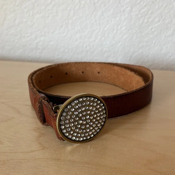 VINTAGE GAP Y2K Brown Leather Belt with Crystal Round Buckle