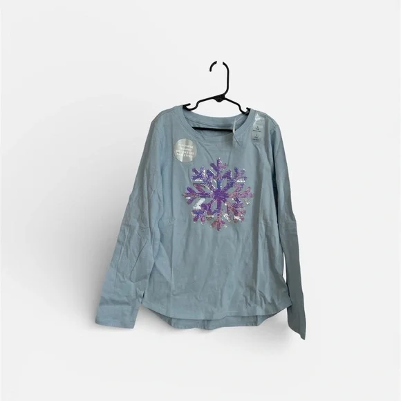 Gap Kids Blue Long Sleeve Flip Sequin Snowflake Crewneck Cotton Shirt Sz L 10