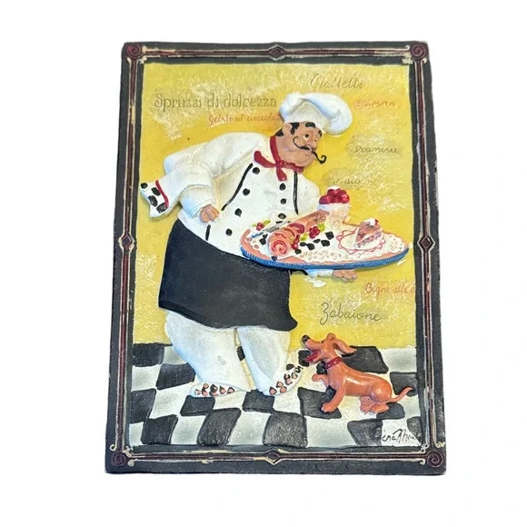 Charming 3D Rustic Ceramic Italian Chef Wall Plaque with Little Dog