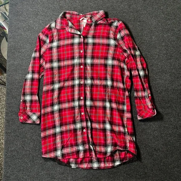 Victoria's Secret Red Plaid Lace Trim Sleep Shirt Nightgown L 401215-ME5
