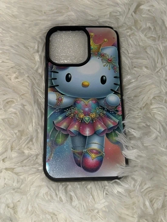 Hello Kitty Glitter Rainbow Princess Phone Case with Black Trim , 14 pro max