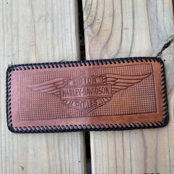 Harley Davidson Leather Wallet Whipstitch Hand Tooled Brown Genuine Bi Fold 90s