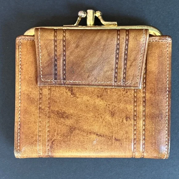 VTG Di Lido Ranchero Cowhide Leather Men's Bifold Wallet Double Kisslock Brown