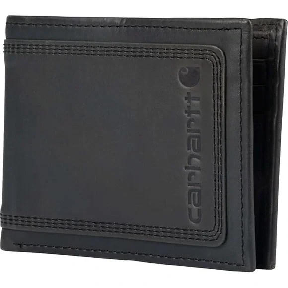 CARHARTT Men's Leather Triple Stitch Detroit Passcase Bi-Fold Wallet (Black)