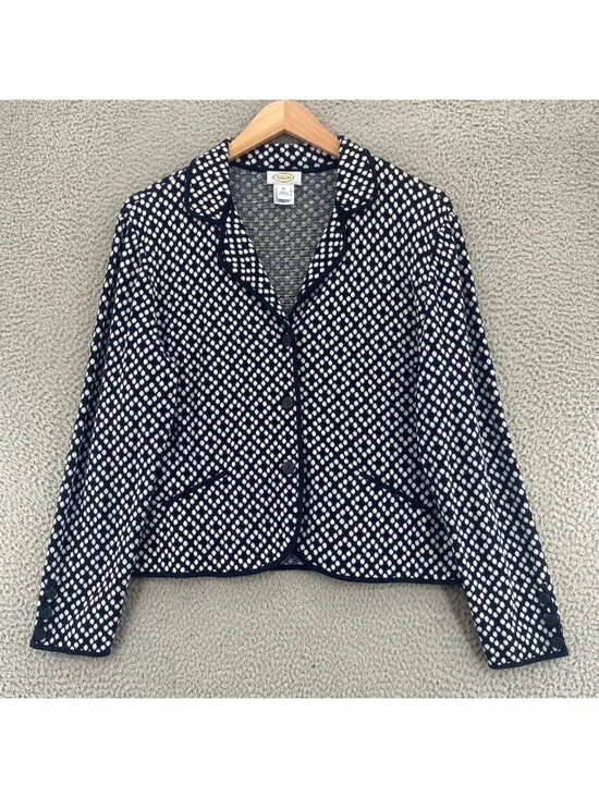 Talbots Blazer Women Extra Large VTG Navy Polka Dot Cotton Knit Cloverleaf Lapel