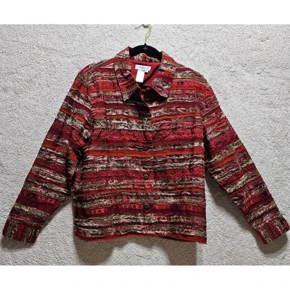 Coldwater Creek PXL Burgundy Textured Embroidered Button Front Jacket‎