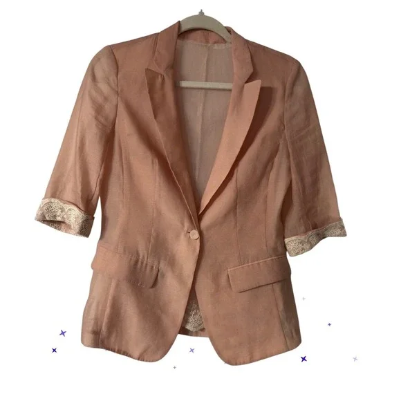 Ochirly Peach Sheer Lace Trim Blazer 3/4 Sleeve Single Button Jacket Small‎