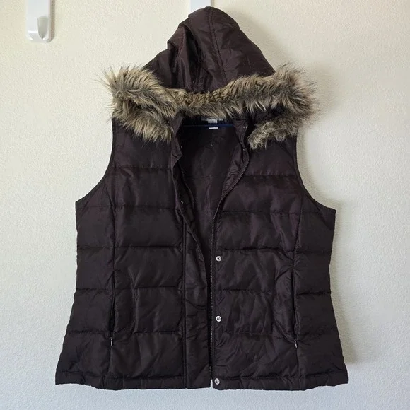 VTG Talbots Goose Down Puffer Vest Brown Full Zip Outdoor Removable Hood Large