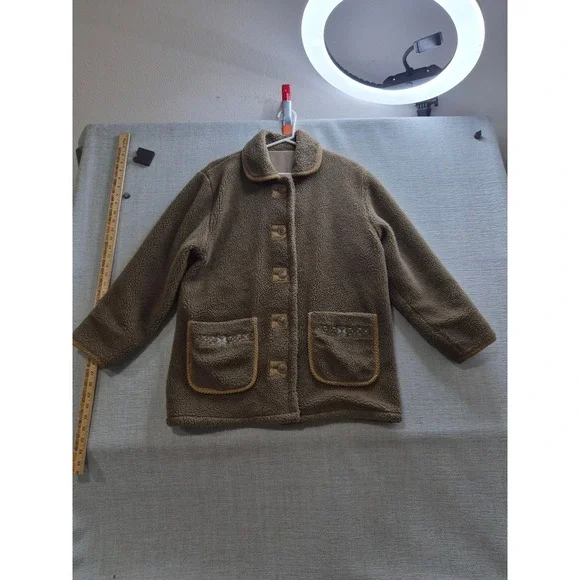 Vintage Sherpa Fleece Jacket Womens Brown Streetwear Casual Winter Button Front