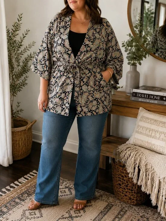 Jeannie Mai x INC Paisley Kimono Jacket 0X Belted