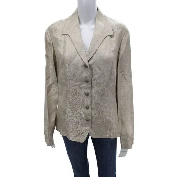 Dana Buchman Womens Paisley Collared Button Blazer Beige Long Sleeve Size 16