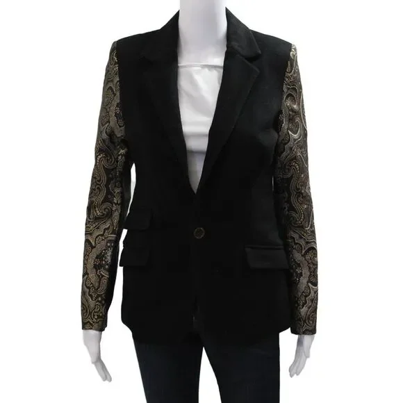 Laveer Women Black Paisley Wool Blazer Collared Button Long Sleeve Size 2