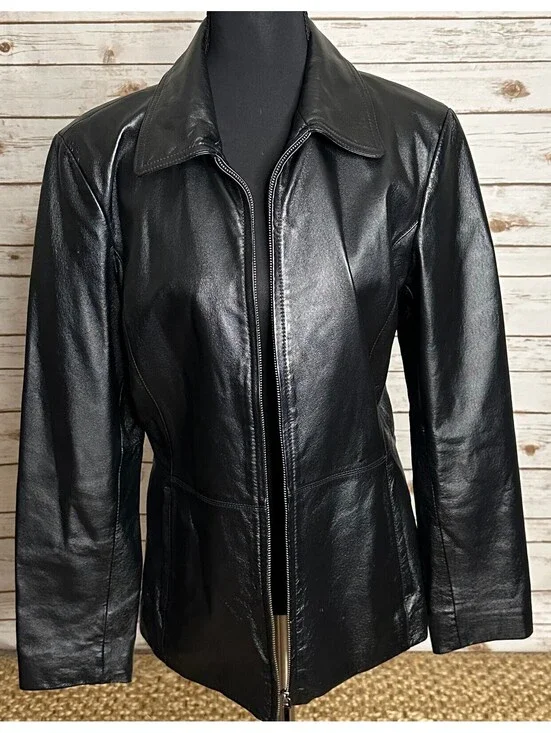 Black 100% leather full zip long sleeve jacket Small minimalist quiet luxury