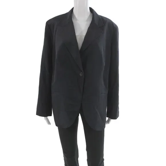 Lafayette 148 New York Unisex Dark Blue Collared Silk Blend Blazer Size 16W