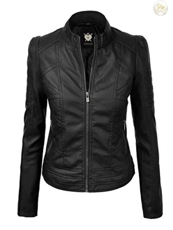 Women's Faux Leather Moto Biker Jacket Coat with Removable Hood