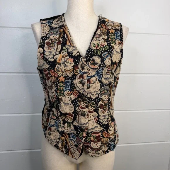 White Stag Vintage Snowman Tapestry Vest Black Holiday Christmas Medium 90s Y2K