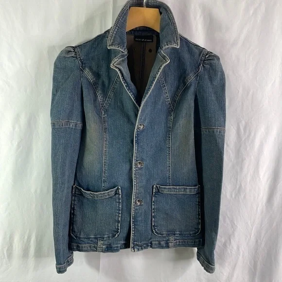 DKNY jeans denim pleat shoulder fitted jean jacket, denim jacket blazer
