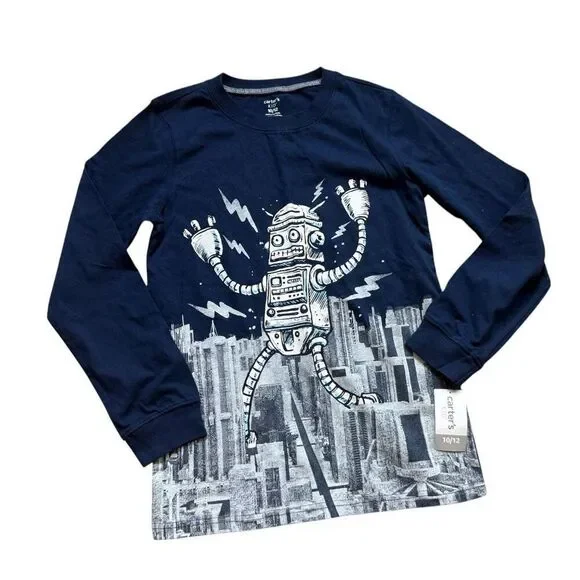 NWT Youth Boys Carters Silly Robot Long Sleeve Graphic Tee Shirt - Sz 10/12