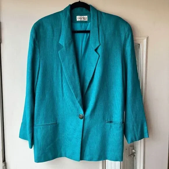 Vintage Gianni Sport Bright Teal Textured Blazer Jacket USA Made Size 14