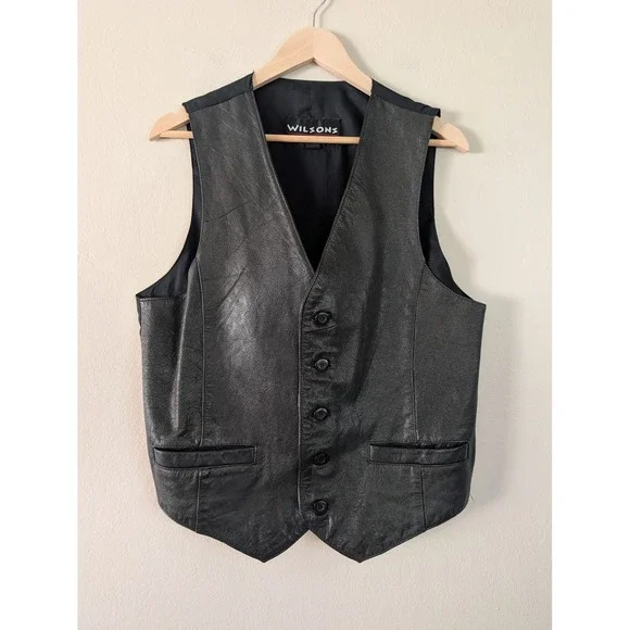 Wilsons Mens M Black Leather Button Front Vest Steampunk Biker Moto Edgy Vintage