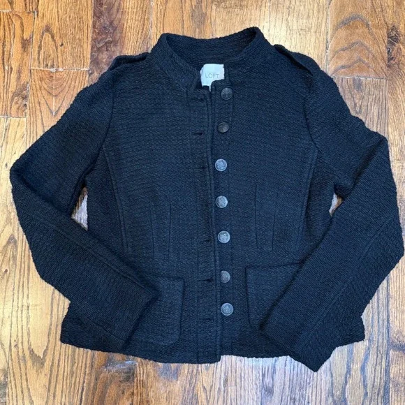 Ann Taylor LOFT Black Boucle Military Blazer Jacket Petite 4P Crest Button Coat