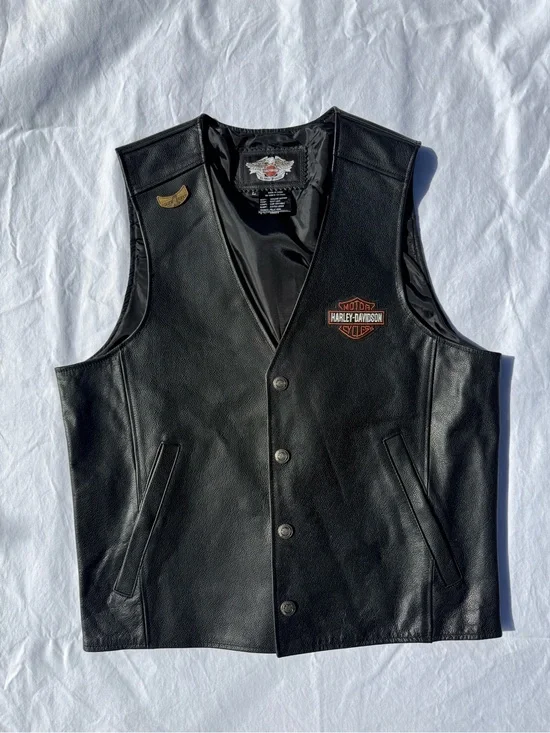 Harley-Davidson Black Leather Snap Vest with Orange Logo