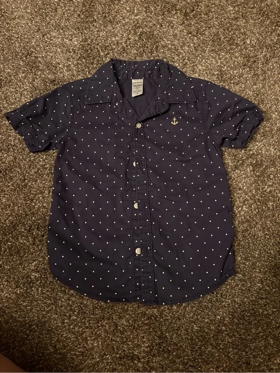 Carter's Navy Blue Short Sleeve Button-Down Shirt with White Polka Dots