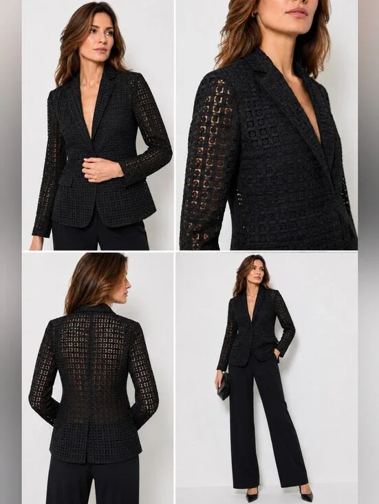 Akris Black Mulberry Silk Geometric Embroidered Openwork Blazer Size 44 IT EUC