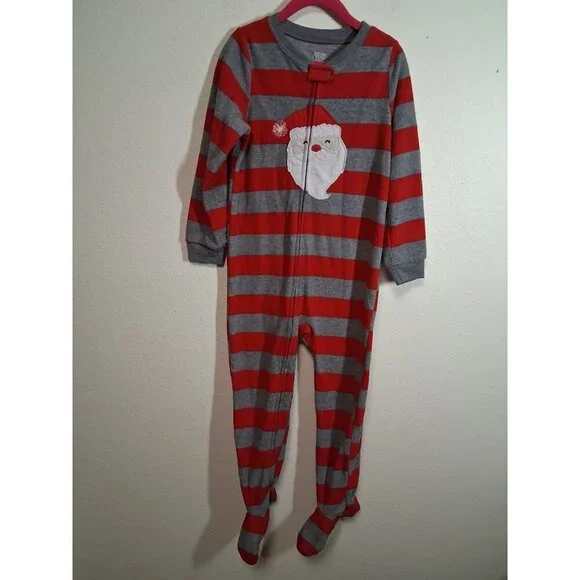 Carters Fleece Pajamas Footie Christmas Santa Striped Sleepwear Unisex Red Sz 5T