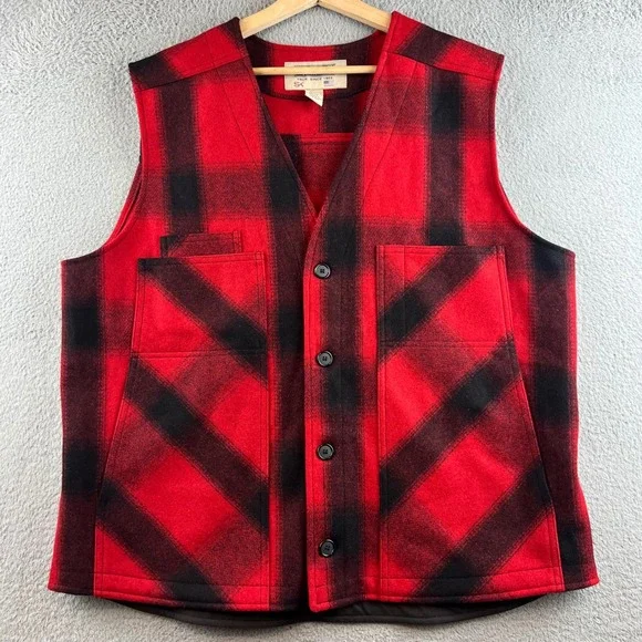Stormy Kromer Mens Red Black Buffalo Plaid 100% Wool Button Front Vest XL USA