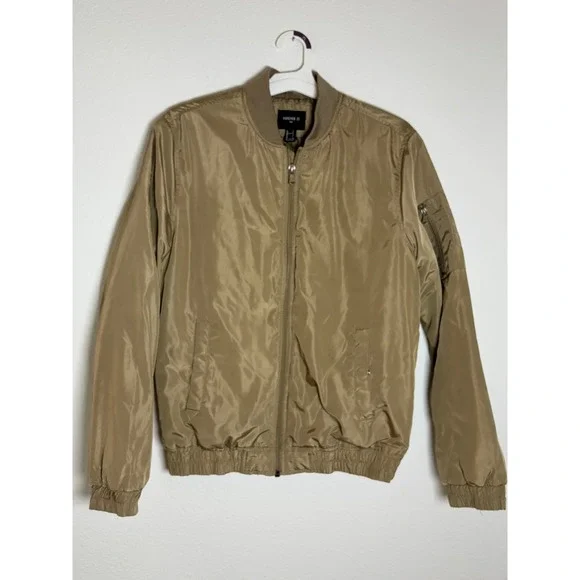 Forever 21 Men Tan Bomber Jacket Small Full Zip Utility Pocket Lightweight Coat