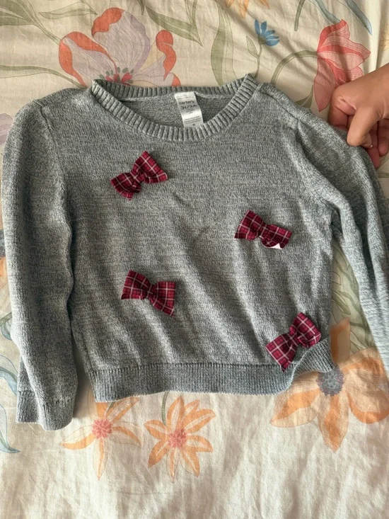 Carter's Gray Knit Sweater with Red Plaid Bow Appliqués