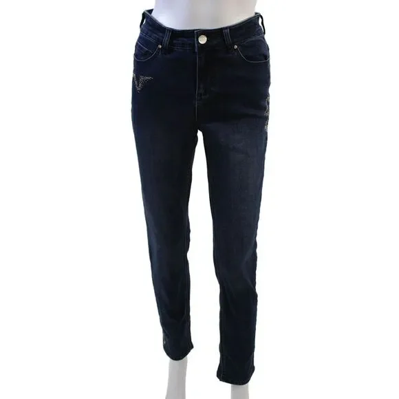 Renuar Womens Cotton Blend Studded Mid-Rise Straight Leg Jeans Blue Size 16