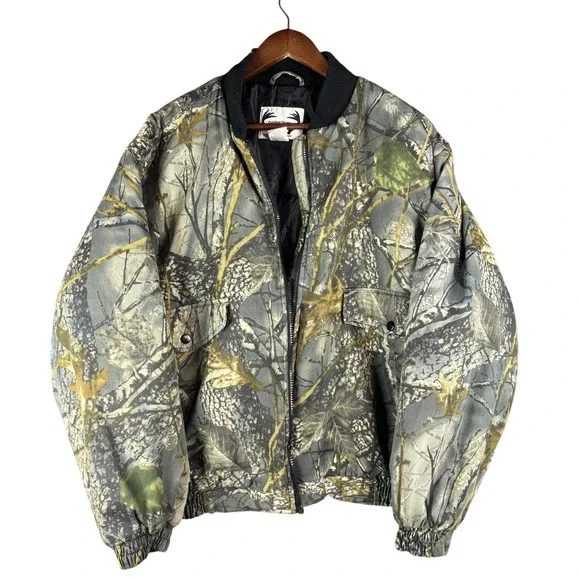 Outdoor Country Camo Bomber Jacket Men Large Green Tree Leaf Hunting Western
