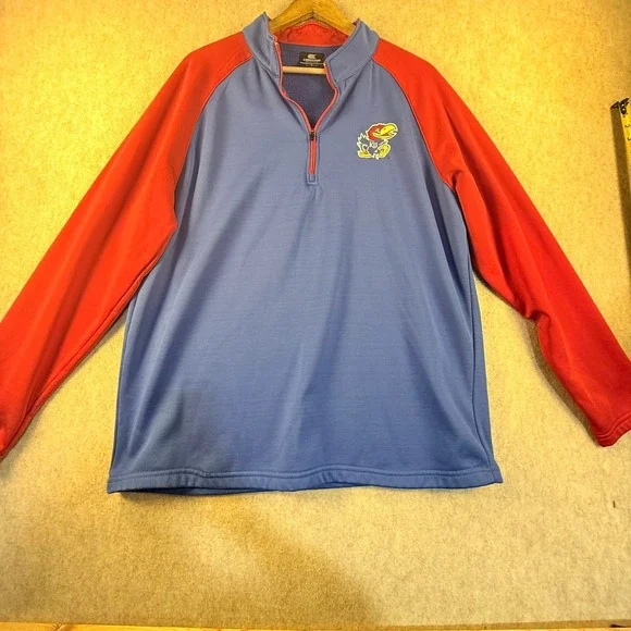 Colosseum Kansas Jayhawks Mens Large Blue Red Quarter Zip Pullover Fleece Jacket