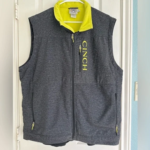 Cinch Vest Mens XL Gray and Yellow Softshell Fleece Lined Zip Pockets Outdoor