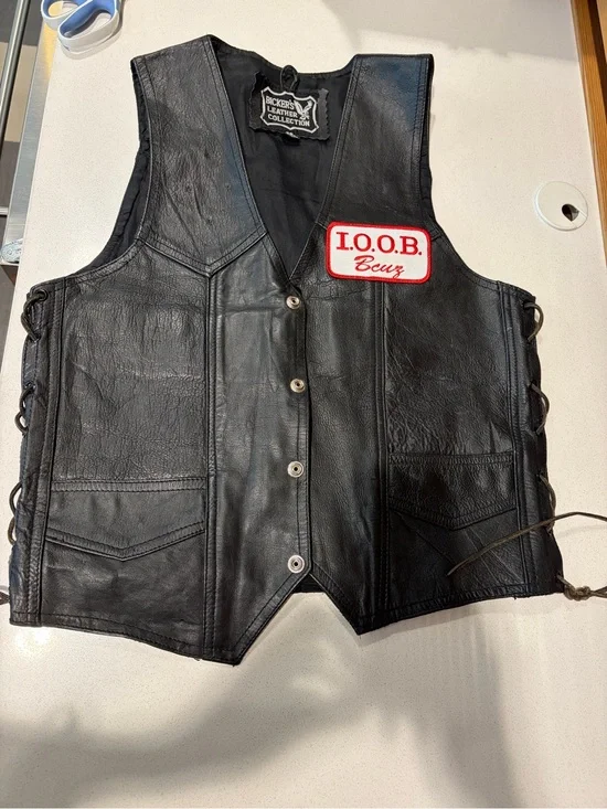 Black Leather Biker Vest with I.O.O.B. Patch -