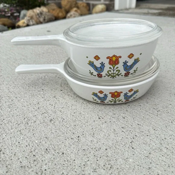 Vintage CorningWare Country Festival Blue Birds 4 Pc Saucepan Set Lids 1970s