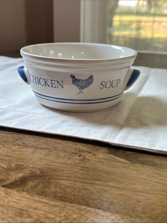 Vintage 1985 Chicken Soup Bowl 6” Blue & White Ceramic