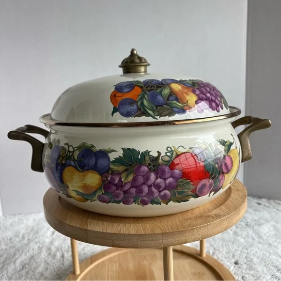 Vintage Fruit Motif Covered Casserole Dish - Cream Base with Multicolor Fruit