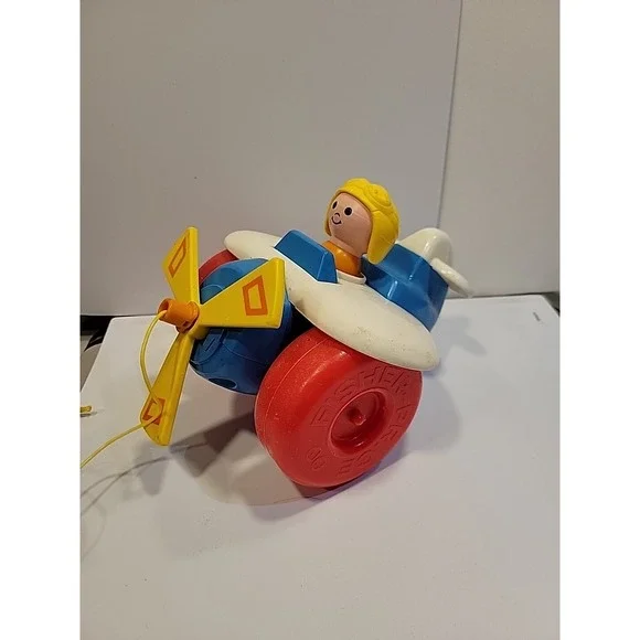 Vintage 1980s Fisher Price Plane Plastic Helicopter Airplane Pull‎ Toy