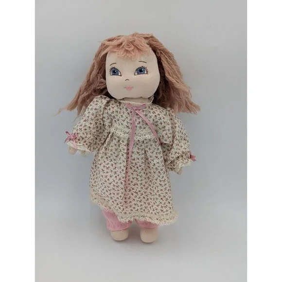 Handmade Cloth Rag Doll 16” Yarn Hair Floral Dress Pink Pants Embroidered...