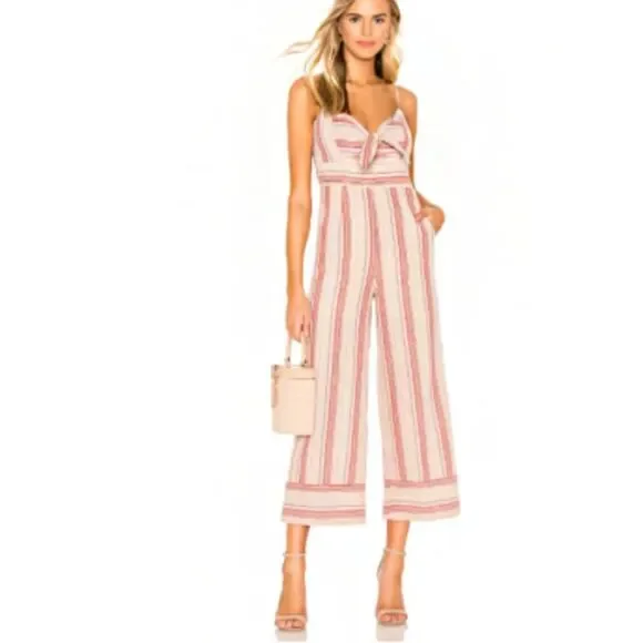 Revolve J.O.A. Striped Linen Tie Front Wide Leg Jumpsuit XS Euro Summer Cottage