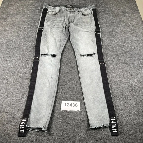 KDNK Skinny Jeans Mens 36 Gray Frayed Hem Distressed Whiskers Detail Outdoor