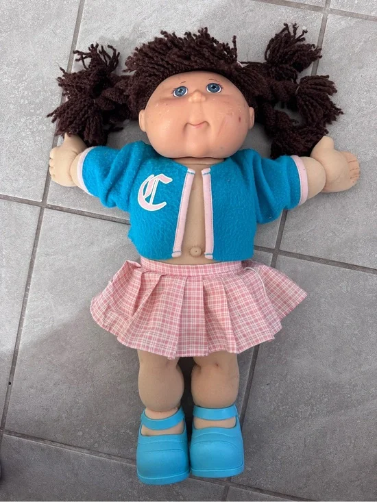 1990’s Cabbage patch Doll with Blue Jacket and Pink Plaid Skirt