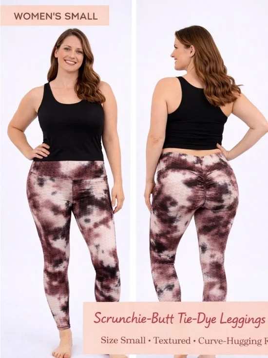 No comment Scrunchie-Butt Tie-Dye Leggings - Women's Small, Black & Mauve Print